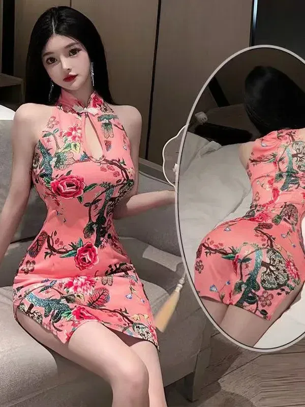 Size: S, Color: black - Sexy Classical Printed Cheongsam Slim Uniform Dress Elegant Fashion Sweet Women Mini Dress Sexy Tops 2024 New Fashion I491