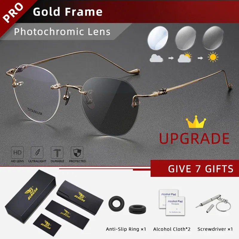 Frame Color: black, Eye Prescription: +250 - BLMUSA Pure Titanium Rimless Anti-blue Light Reading Glasses for Men Round Photochromic Optical Prescription with MR-8 lens