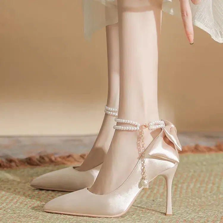 Color: Beige, Shoe Size: 35 - Size 35-40 Stiletto Heel Point Toe Pearls Buckle Belt 9cm High Heel Ladies Bow Satin Fabric White Wedding Shoes Women Pumps