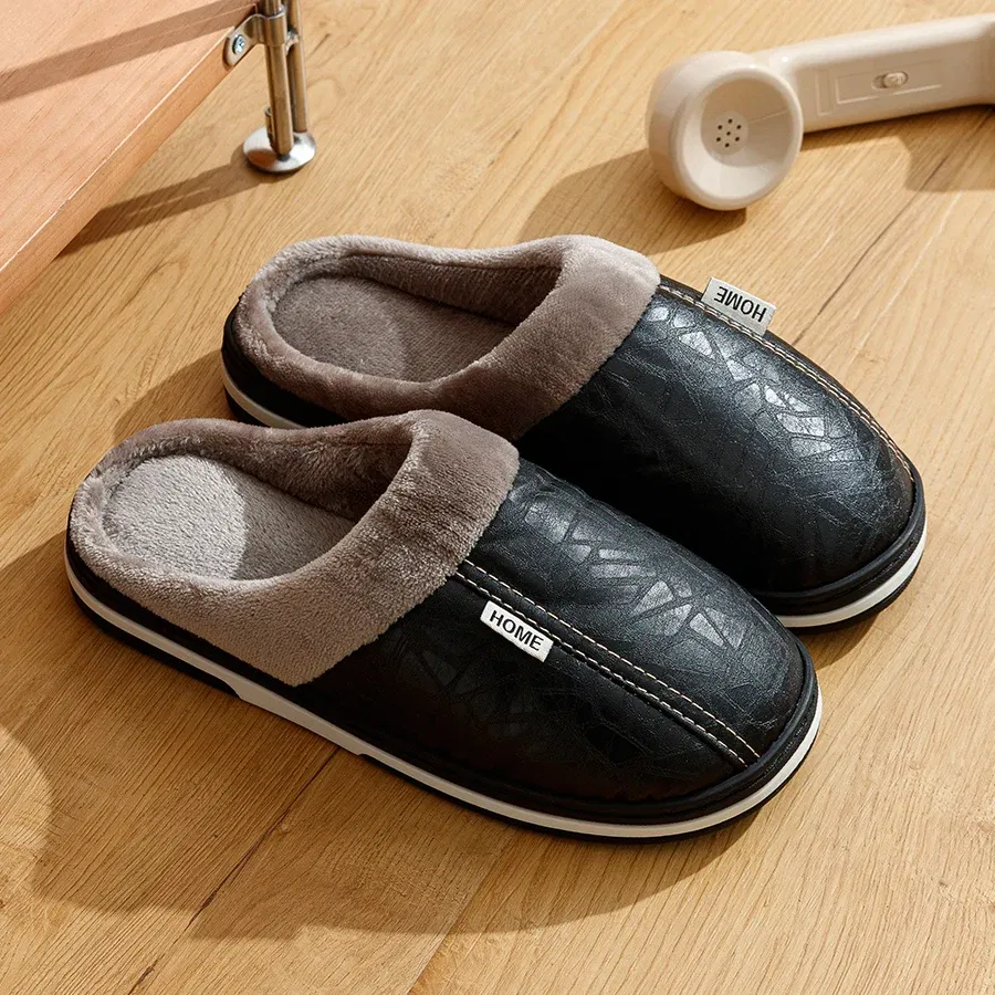 Shoe Size: 4, Color: Brown - Big Size Winter Casual Men's Slippers Indoor Waterproof PU Leather Home Shoes Fur Flat Warm Fashion Bedroom Houseshoes