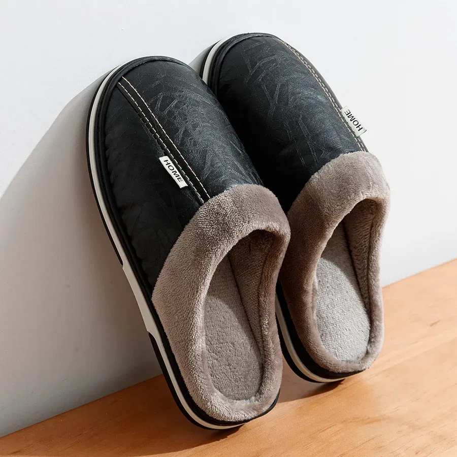 Shoe Size: 4, Color: Brown - Big Size Winter Casual Men's Slippers Indoor Waterproof PU Leather Home Shoes Fur Flat Warm Fashion Bedroom Houseshoes