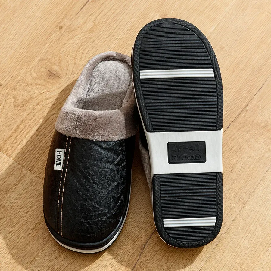 Shoe Size: 4, Color: Brown - Big Size Winter Casual Men's Slippers Indoor Waterproof PU Leather Home Shoes Fur Flat Warm Fashion Bedroom Houseshoes