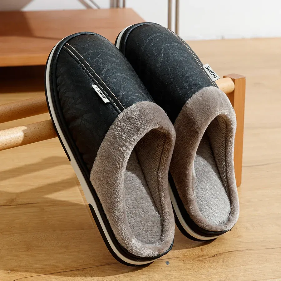 Shoe Size: 4, Color: Brown - Big Size Winter Casual Men's Slippers Indoor Waterproof PU Leather Home Shoes Fur Flat Warm Fashion Bedroom Houseshoes
