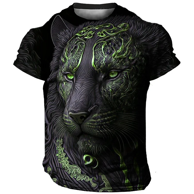 Size: XL, Color: Green - Daily Oversized Men's T-Shirt 3D Lion Print Tees Tops Summer Casual Animal Pattern Streetwear New Fashion Street Men Clothing