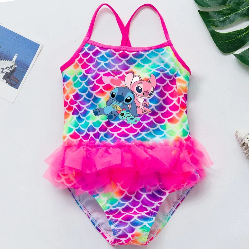 Color: Gold, Kid Size: 6M - Lilo Stitch Girl Swimsuit Summer One-Piece Swimwear Beachwear Pool Mermaid Fish Scale Print Bikini Bathing Outfit Swimming Wear