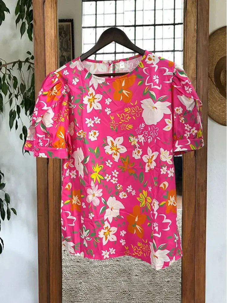 Vibrant Floral Print Puff Sleeve Blouse  Floral T-Shirts