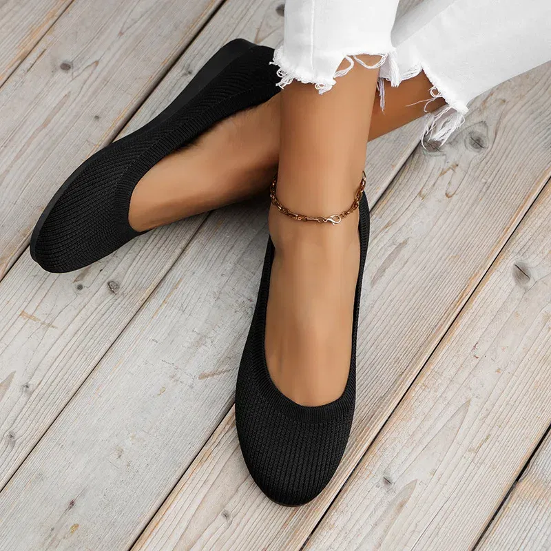 Color: SKY BLUE, Shoe Size: 41 - Elastic Knitting Flats Slip on Shoes for Women 2024 Summer Breathable Soft Loafers Woman Lightweight Casual Shoes Mom Moccasins