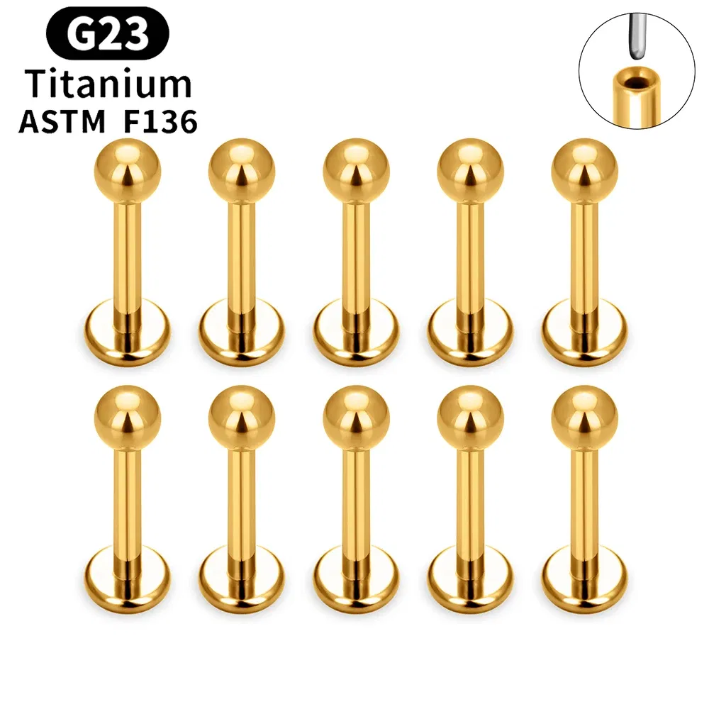Metal color: Gold-color, Ships From: CHINA, Main Stone Color: Gold - 10PCS ASTM F136 G23 Titanium Piercing Labret Lip Ring Stud Earring CZ Ear Tragus Cartilage Helix Daith Pierc Jewelry 16/18/20g