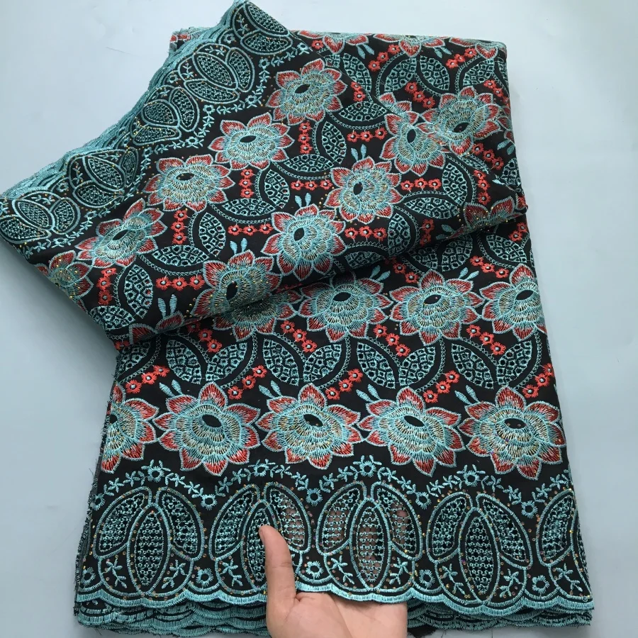 Color: green, length: 5 yards, Width: 120cm - White Swiss Lace Fabric High Quality 5 Yards Embroidered Nigerian Cotton Lace Fabric 2025 African Party Dress for Women A4182
