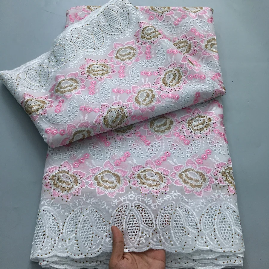 Color: green, length: 5 yards, Width: 120cm - White Swiss Lace Fabric High Quality 5 Yards Embroidered Nigerian Cotton Lace Fabric 2025 African Party Dress for Women A4182