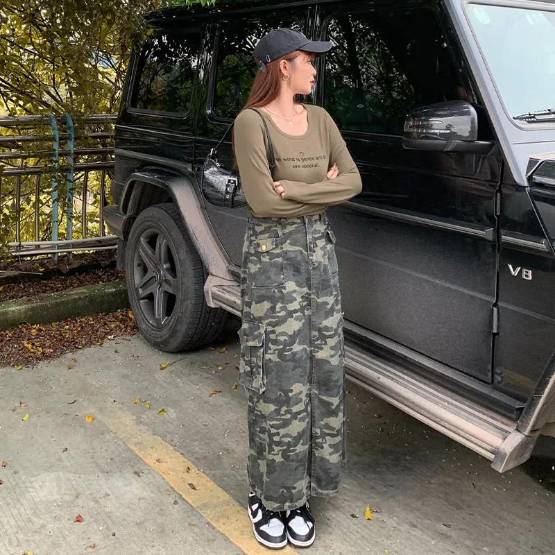 Color: Beige, Size: XXS - Casual Camouflage Skirt with Pockets Plus Size Women's High Waist A-Line Long Skirt