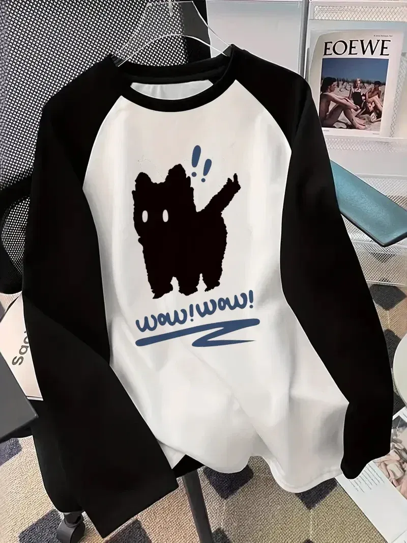 Color: Yellow, Size: L - Winter Autumn Long Sleeved Black Cat Design Shirt Funny T Shirt Women's Casual Long Sleeve T-Shirt Crew Neck Top Tee Tshirt