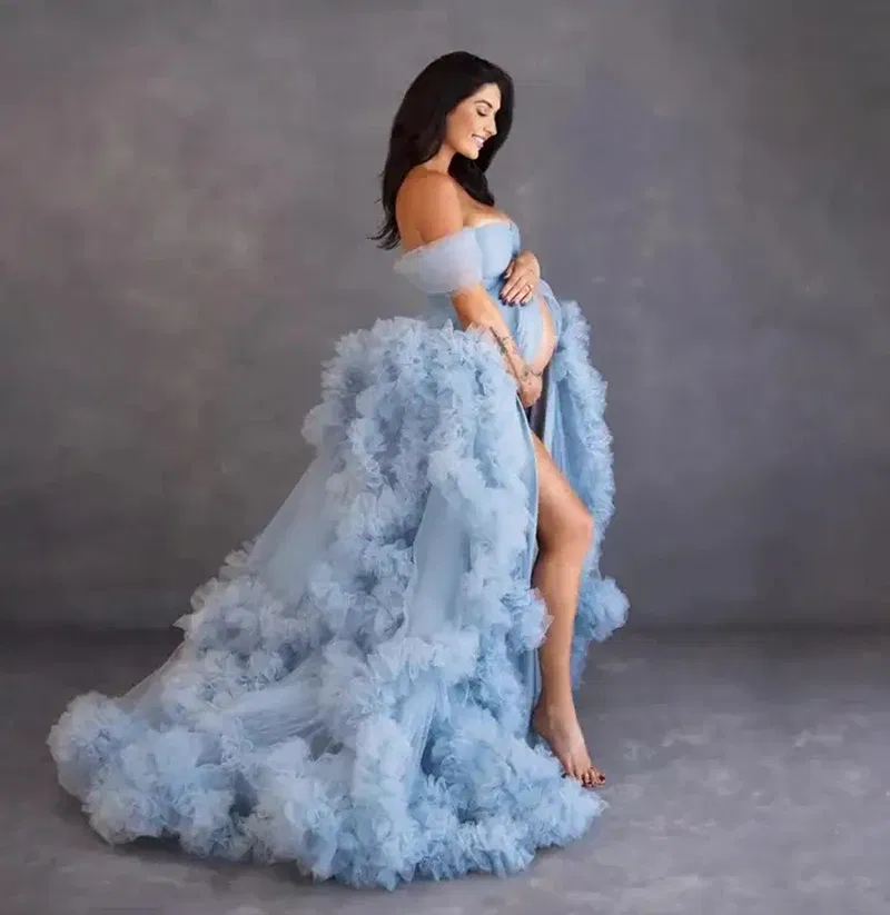 Color: SKY BLUE, Maternity Size: S, Ships From: CHINA - Tulle Long Maternity Dress Photoshoot п?»?°?‚ь?µ photography dresses baby shower dresses for pregnant woman п?»?°?‚ь?µ д?»я ?±?µ