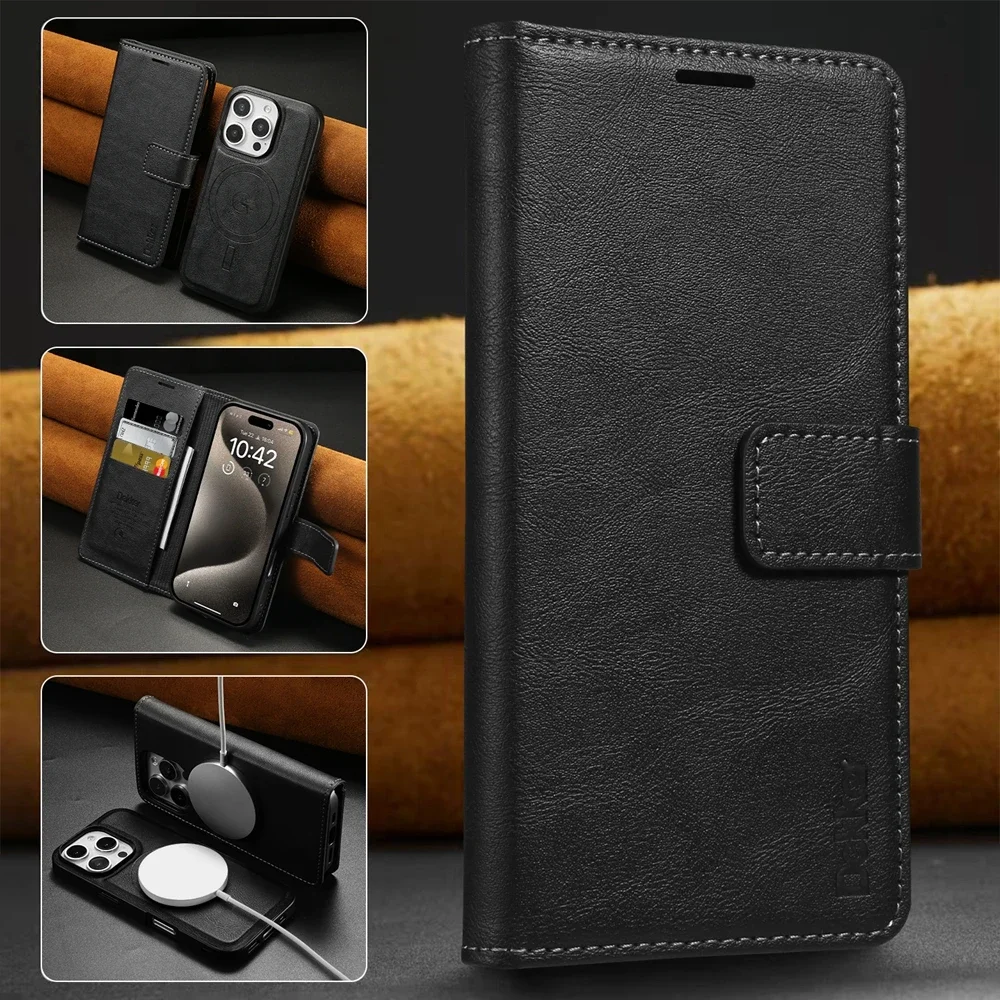 Color: black, Material: Silicon - 2 in 1 MagSafe Wallet Case for IPhone 16 Promax 15 Plus 14 Pro Max 13 12 Iphone16 Magnetic Wireless Charging Phone Cover