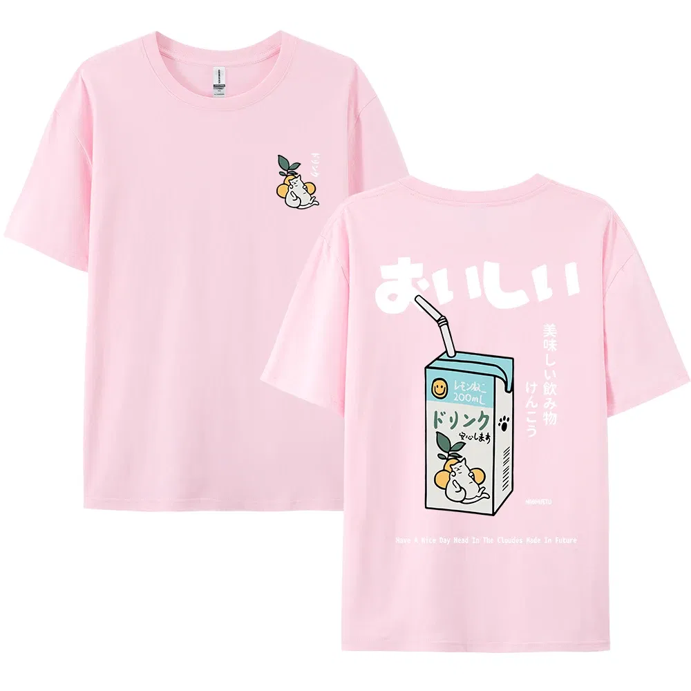Color: Brown, Size: L - Cute Japanese Cat Print Oversized T-shirt men Women Short Sleeve Loose Casual Tee Shirt Streetwear Tops Cotton Harajuku Clothing
