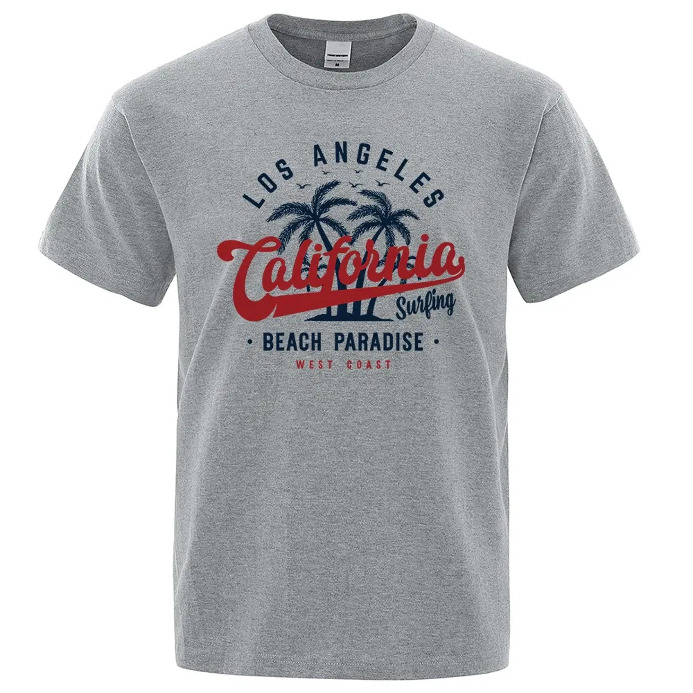 Color: GRAY, Size: L - Los Angeles California Beach Paradise Men Tops Fashion Crewneck T Shirt Cotton Summer T-Shirt Breathable Oversize Clothes