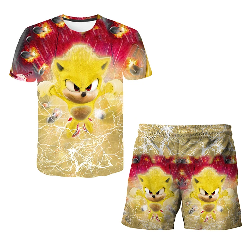 Color: Khaki, Size: 12cm - New Japanese cartoon Sonic T-shirt children's top T-shirt shorts two-piece set summer boy cartoon cute T-shirt+beach pants