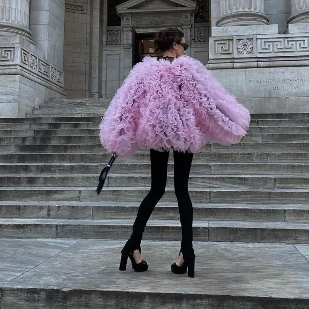 Street Ruffles Tulle Jackets With Bows Couture Women Jacket Outerwear Coat Women Loose Long Sleeve Open Stitch Short Coats