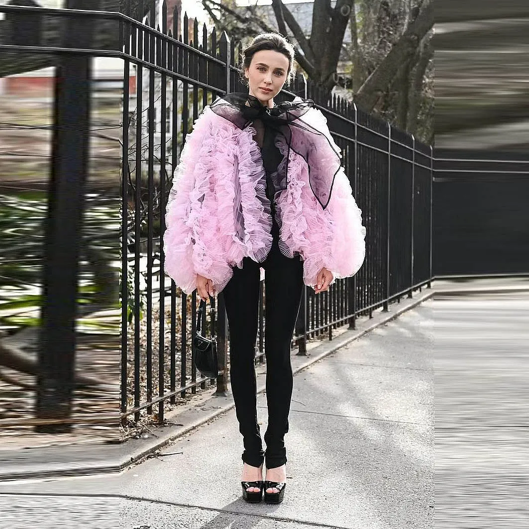 Street Ruffles Tulle Jackets With Bows Couture Women Jacket Outerwear Coat Women Loose Long Sleeve Open Stitch Short Coats