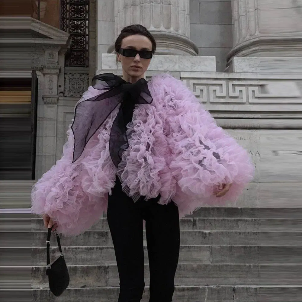 Street Ruffles Tulle Jackets With Bows Couture Women Jacket Outerwear Coat Women Loose Long Sleeve Open Stitch Short Coats