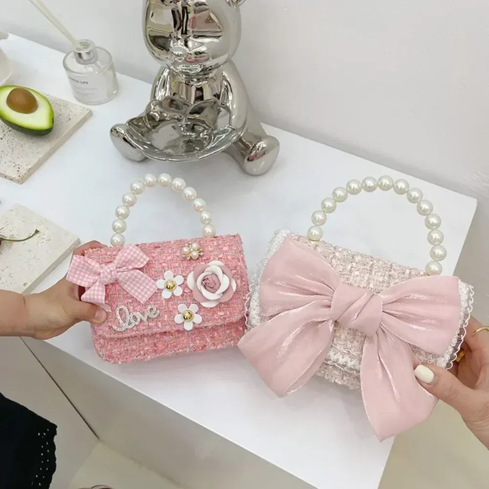 Color: Brown - New Children's Fashion Little Fragrant Wind Elsa Princess Bag Little Girl Pearl Handheld Crossbody Bag Net Red envelope