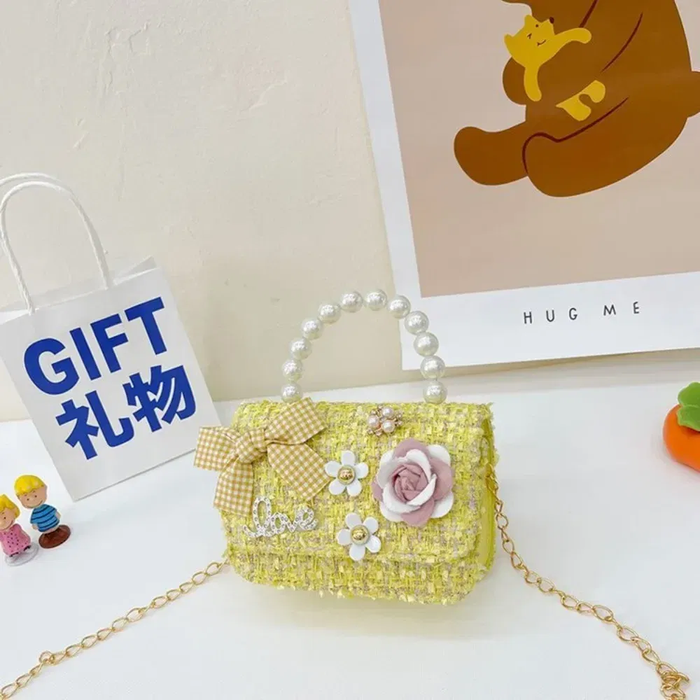 Color: Brown - New Children's Fashion Little Fragrant Wind Elsa Princess Bag Little Girl Pearl Handheld Crossbody Bag Net Red envelope