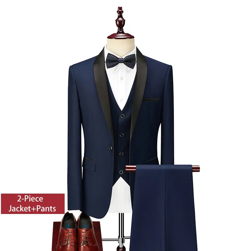 Color: Navy Blue, Size: M - Shenrun Men Tuxedo Slim Fit Fashion Suit Wedding Shawl Lapel 3 Pieces Skinny Single Breasted Jacket Party Prom Singer Costume