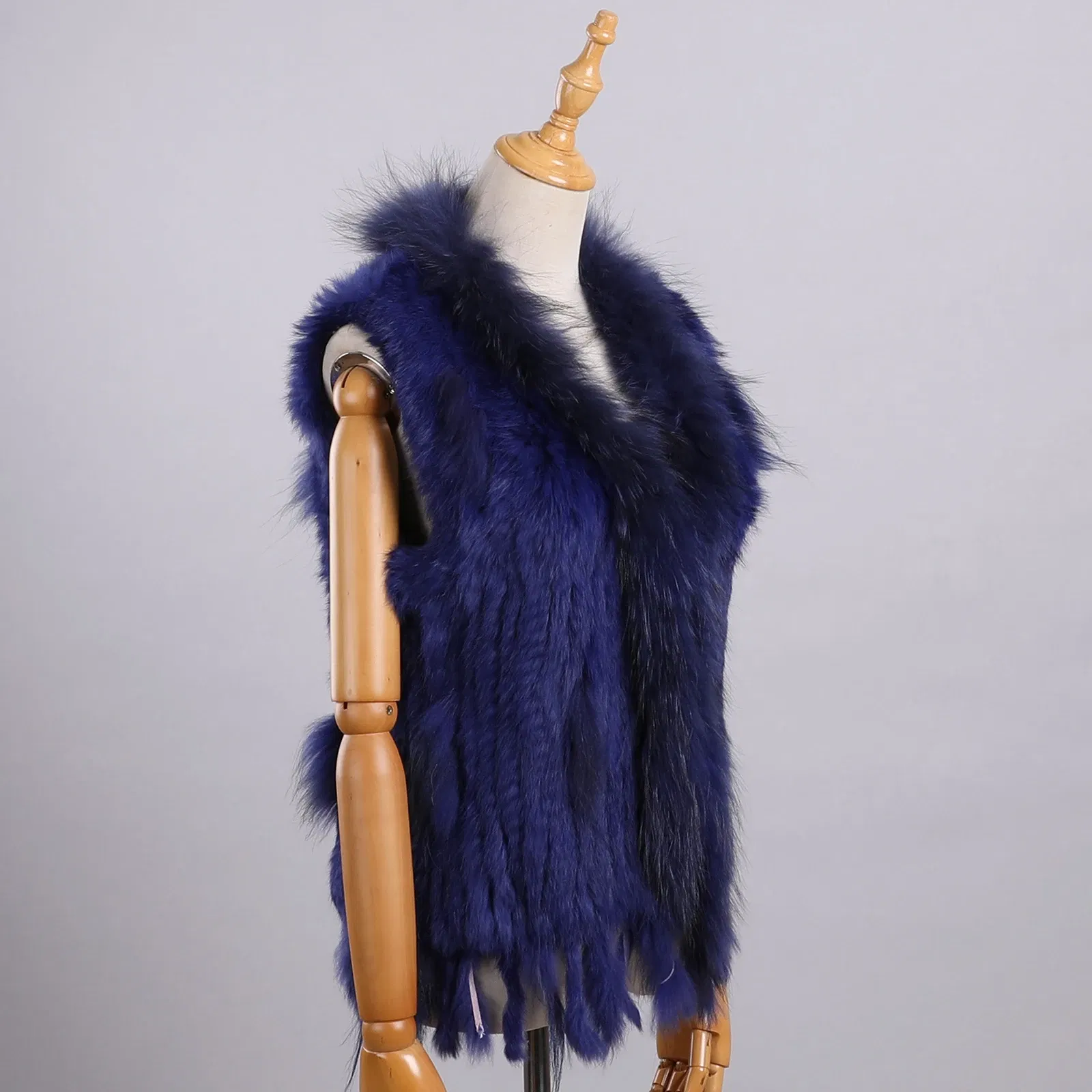 Color: ROYAL BLUE, Size: M - Luxury Women's Genuine Premium Long Hair Rabbit Fur Knit Vest Raccoon Fur Trim Gilet Lady Sleeveless Waistcoat Real Fur Jacket
