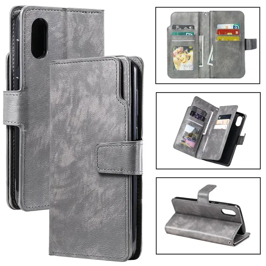 Color: GRAY, Material: CANVAS - Leather Nine Cards Wallet Case For Samsung Galaxy S24 Ultra S23 FE S22 S20 S21 Plus S10 S9 S8 Plus Note 20  Phone Cover