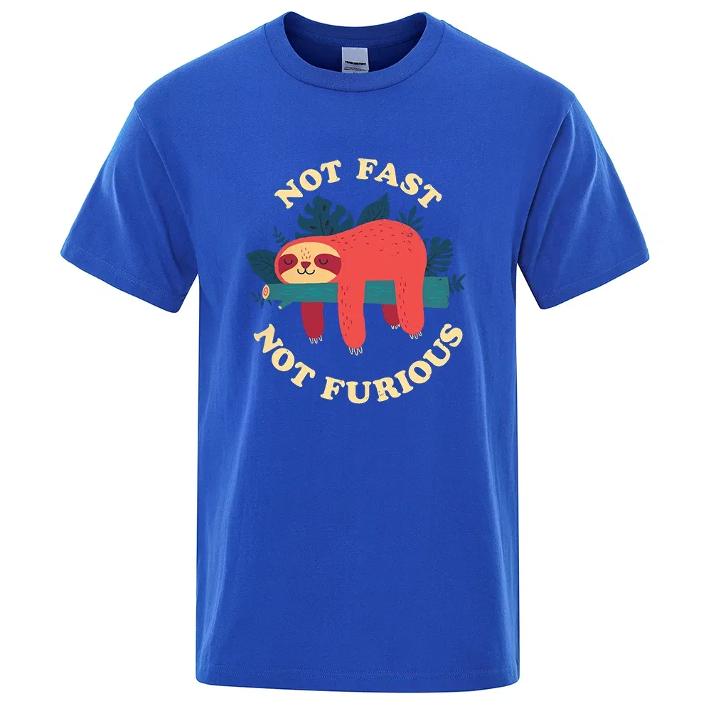 Color: Ivory, Size: L - Not Fast Not Furious Sloth Cute Print Men Tee Shirts Breathable Cotton Tops Street Fashion T-shirt Women Casual Summer T Shirts