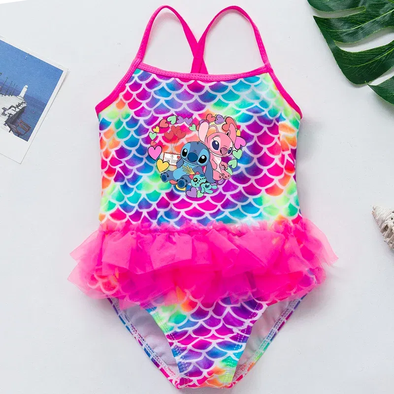 Color: Pink, Kid Size: 12M - Lilo Stitch Girl Swimsuit Summer One-Piece Swimwear Beachwear Pool Mermaid Fish Scale Print Bikini Bathing Outfit Swimming Wear