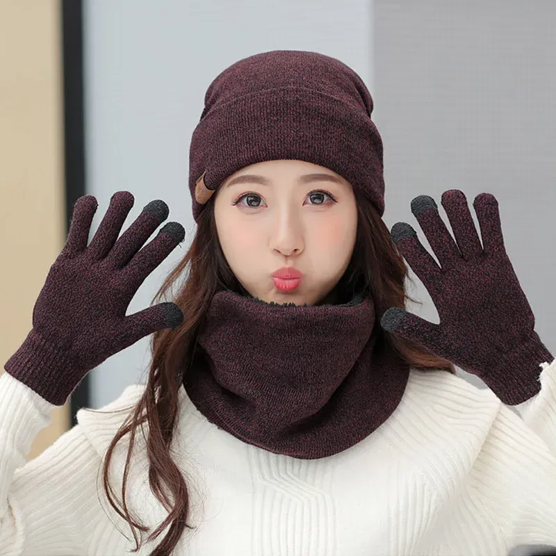 Color: Dark Grey, Size: One Size - 3 Pieces/Set Winter Women Hats Scarves Gloves Kit Fashion Knitted Plus Velvet Hat Scarf Set For Male Female Beanies Scarf Gloves
