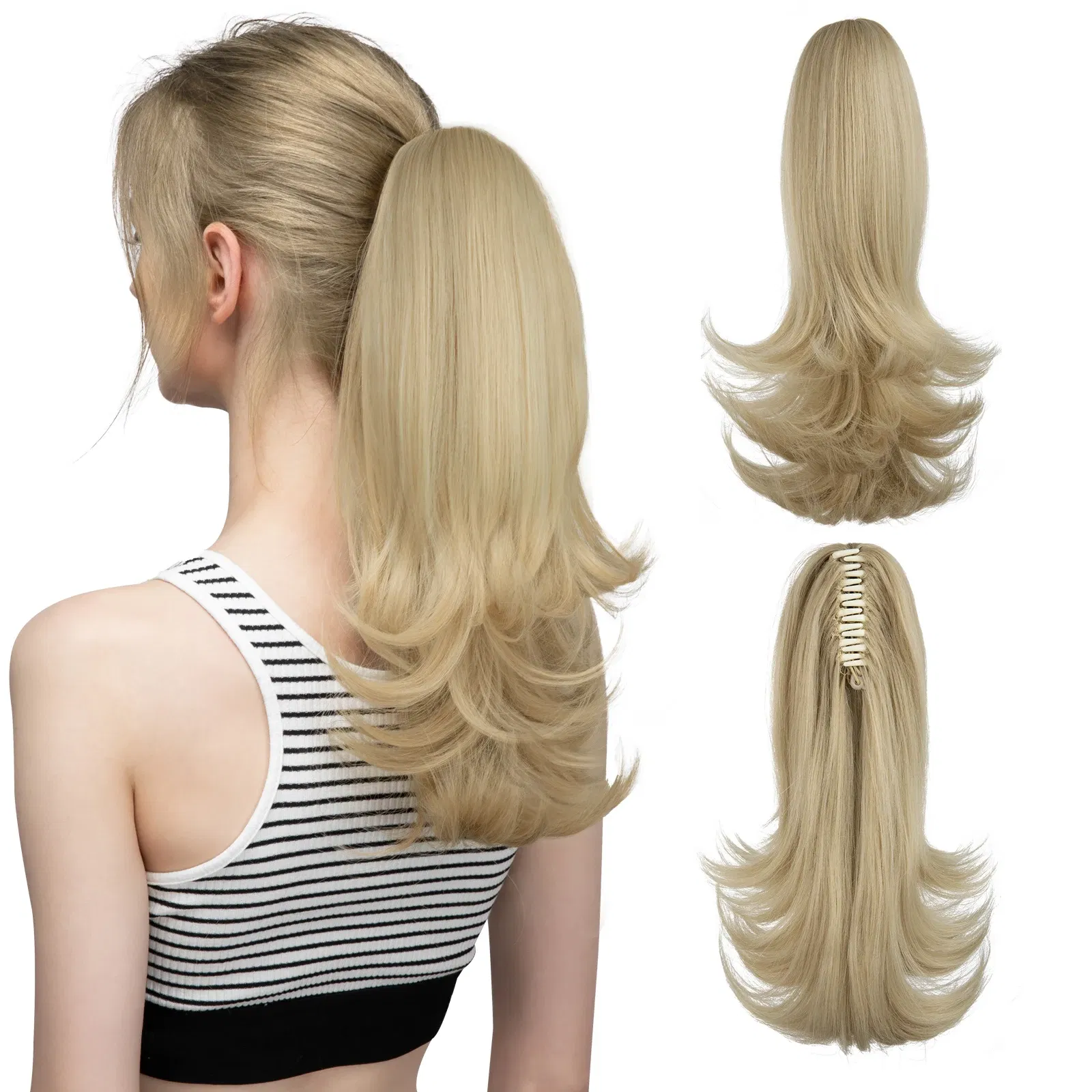 Color: T1/27, Stretched Length: 14inches - Synthetic Claw Clip In Ponytail Hair Extensions 14 Inch Wavy Hairpiece Fake Blonde Black Hair False Pigtail With Elastic Band
