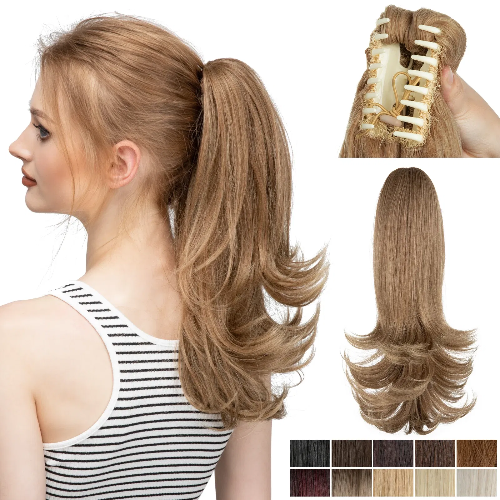 Color: T1/27, Stretched Length: 14inches - Synthetic Claw Clip In Ponytail Hair Extensions 14 Inch Wavy Hairpiece Fake Blonde Black Hair False Pigtail With Elastic Band
