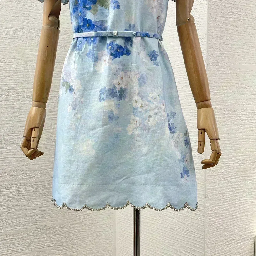 Blue Floral Print Elegant New Beach Style High Quality Linen Short Sleeve Shell Edge Diamonds Women Lady Mini Dress