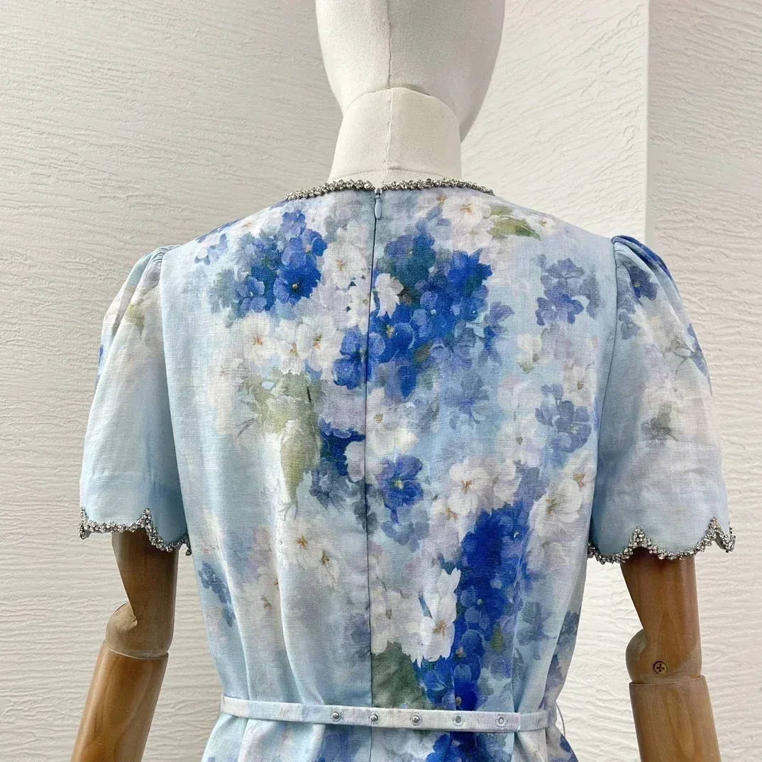 Blue Floral Print Elegant New Beach Style High Quality Linen Short Sleeve Shell Edge Diamonds Women Lady Mini Dress