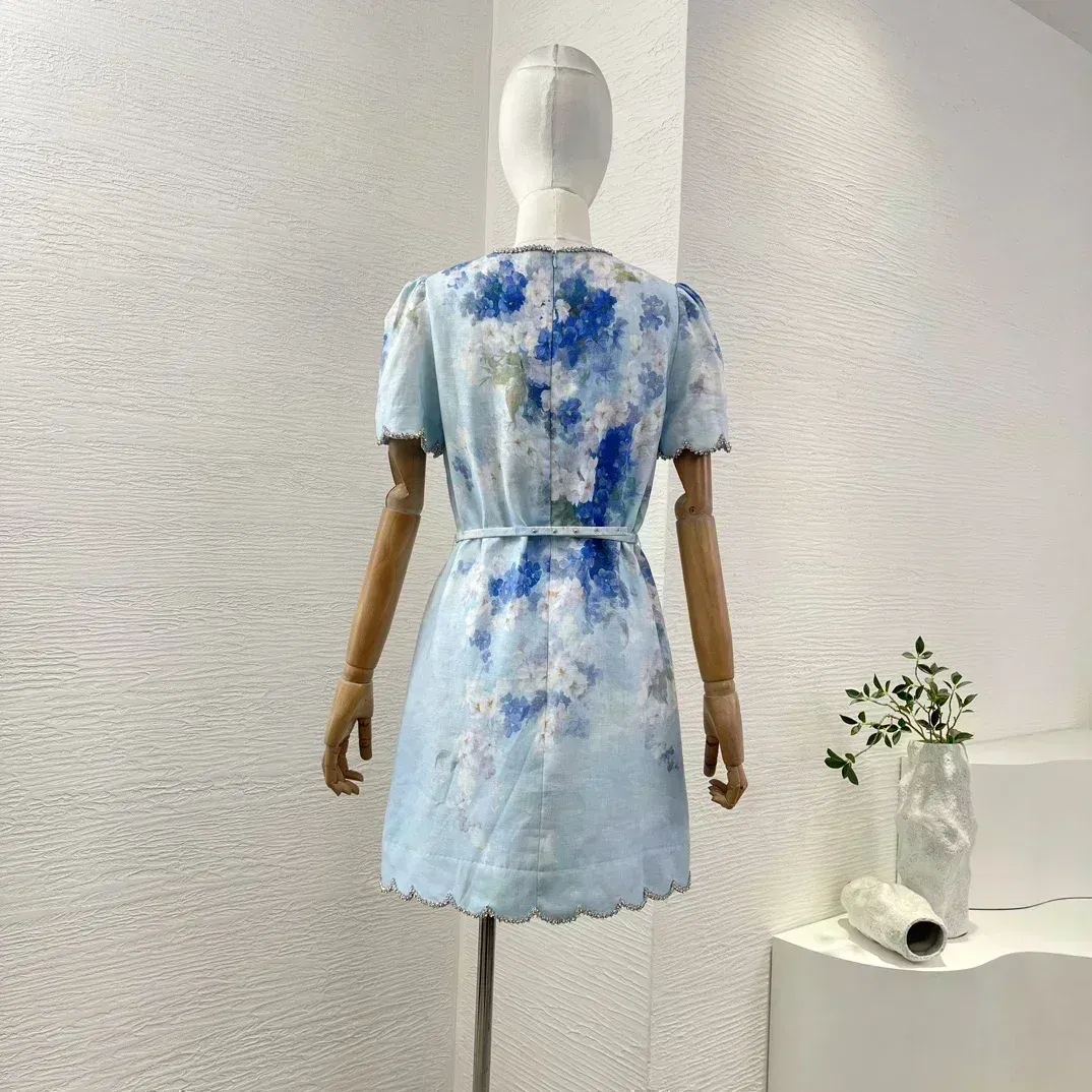 Blue Floral Print Elegant New Beach Style High Quality Linen Short Sleeve Shell Edge Diamonds Women Lady Mini Dress
