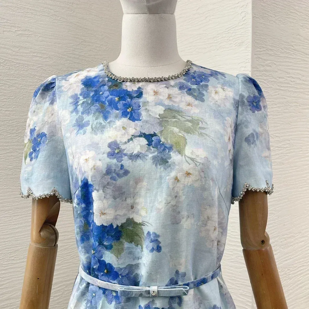 Blue Floral Print Elegant New Beach Style High Quality Linen Short Sleeve Shell Edge Diamonds Women Lady Mini Dress