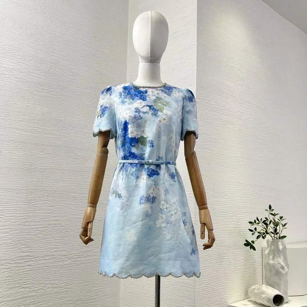 Blue Floral Print Elegant New Beach Style High Quality Linen Short Sleeve Shell Edge Diamonds Women Lady Mini Dress