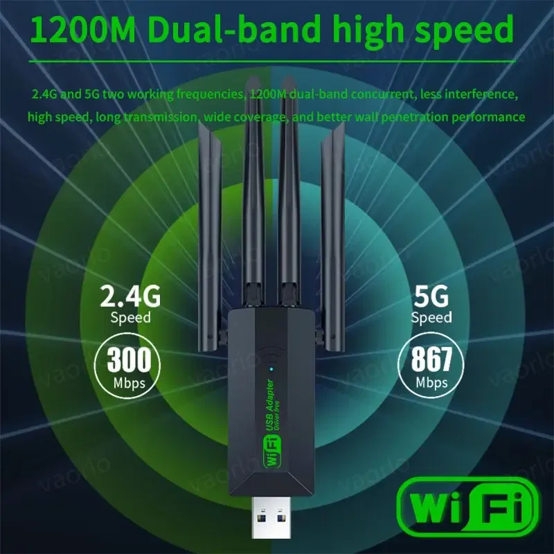 Color: black - 1200Mbps WiFi USB Adapter Dual Band 2.4G+5Ghz Wi-Fi Dongle 4 Antenna 802.11AC USB3.0 High-Speed Wireless Card Receiver PC/Laptop
