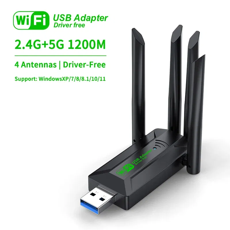 Color: black - 1200Mbps WiFi USB Adapter Dual Band 2.4G+5Ghz Wi-Fi Dongle 4 Antenna 802.11AC USB3.0 High-Speed Wireless Card Receiver PC/Laptop