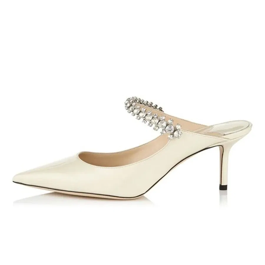 Color: WHITE, Shoe Size: 42, Ships From: CHINA - Elegant Leather Mules Pointed Toe Stylish Rhinestone Embellished High Heel Sandals Sophisticated Party Evening Shoes Footwear