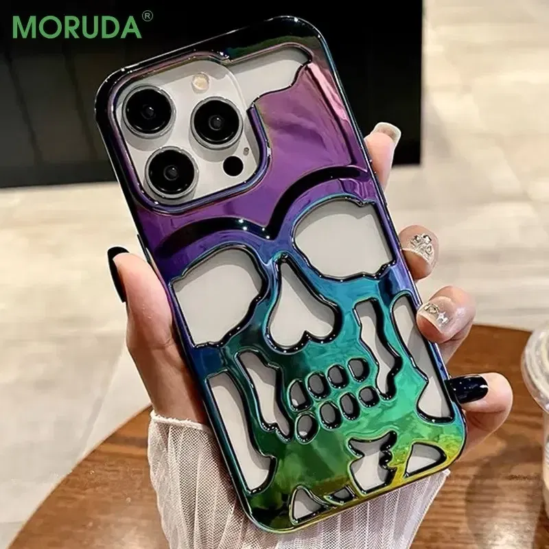 Color: Black, Material: Canvas - 3D Skull Ghostface Phone Case for iPhone 14 15 ProMax 11 12 13 Pro Max Plus Fashion Hollow Heat Dissipation Plating Slim Cover