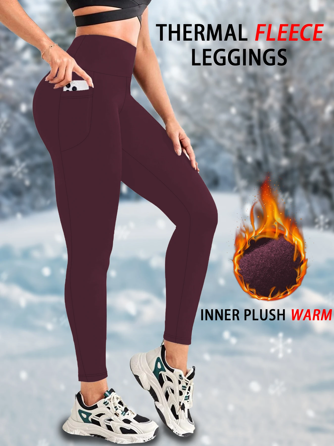 Color: Burgundy, Size: XXL - Womens Thermal Fleece Lined High Waisted with pockets Leggings, Workout Winter Warm Thick Tights Soft Yoga Running Pants