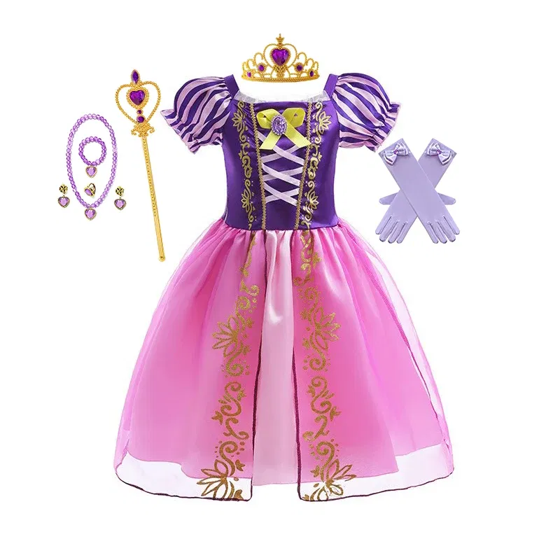 Color: army green, Kid Size: 5 - Disney Deluxe Elegant Rapunzel Princess Ball Gown Fancy Birthday Party Dress Cinderella Vestidos Costume Play Carnival Apparel