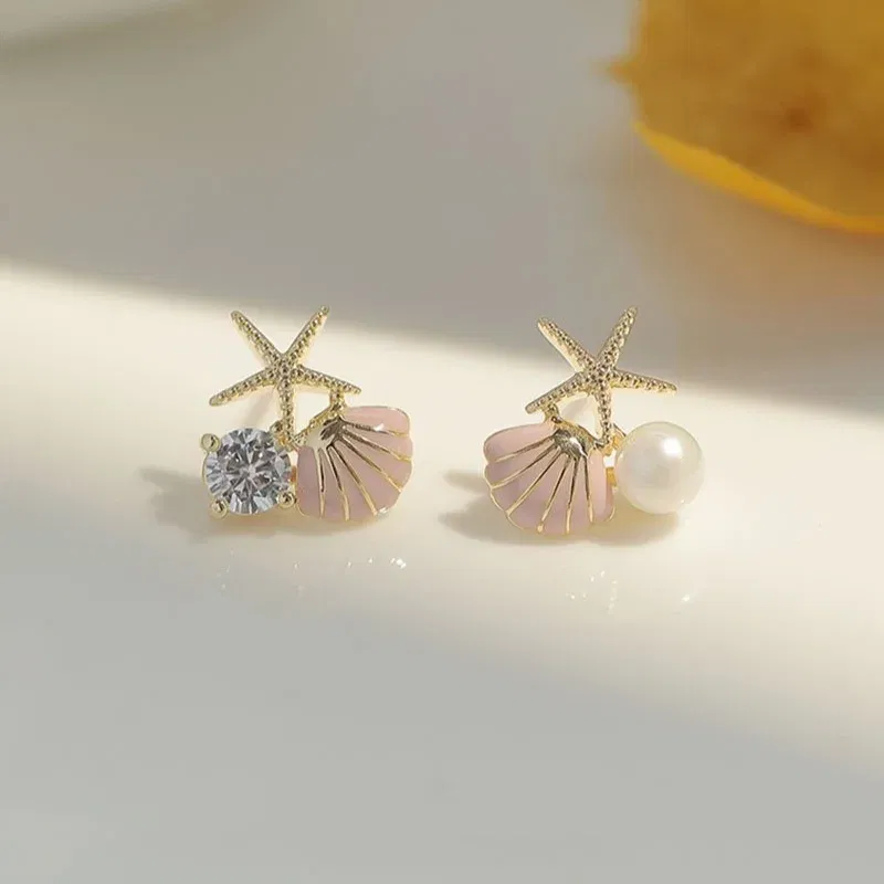 Metal Color: Gold-color - New Starfish Shell Imitation Pearl Enamel Asymmetric Stud Earrings For Women Girl Wedding Jewelry Lady Temperament Pendientes