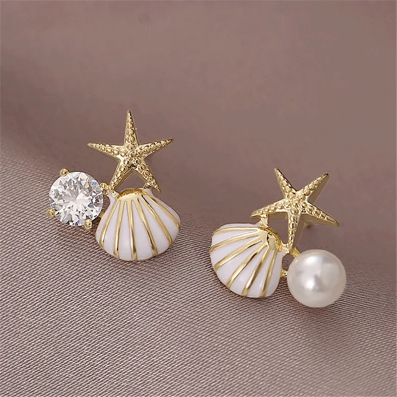 Metal Color: Gold-color - New Starfish Shell Imitation Pearl Enamel Asymmetric Stud Earrings For Women Girl Wedding Jewelry Lady Temperament Pendientes