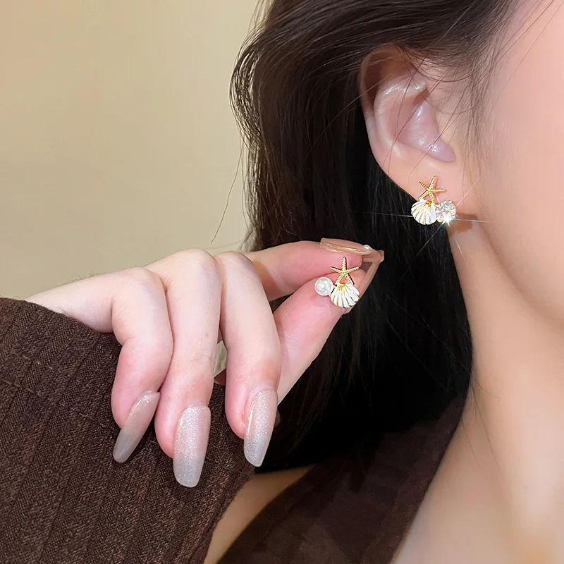 Metal Color: Gold-color - New Starfish Shell Imitation Pearl Enamel Asymmetric Stud Earrings For Women Girl Wedding Jewelry Lady Temperament Pendientes