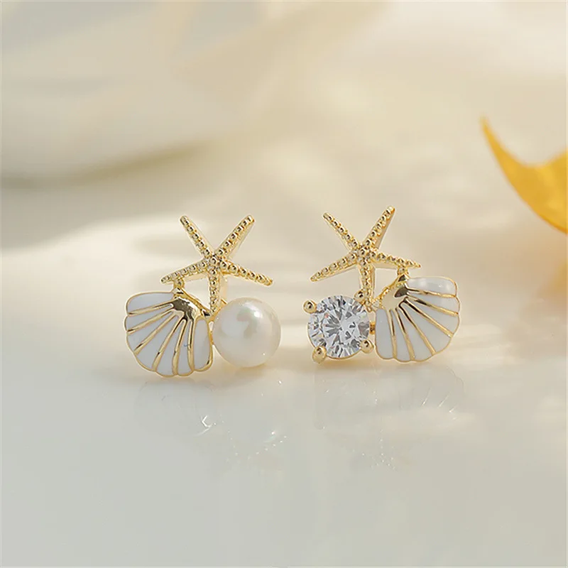 Metal Color: Gold-color - New Starfish Shell Imitation Pearl Enamel Asymmetric Stud Earrings For Women Girl Wedding Jewelry Lady Temperament Pendientes
