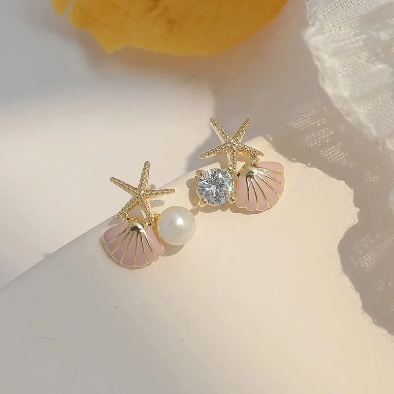 Metal Color: Gold-color - New Starfish Shell Imitation Pearl Enamel Asymmetric Stud Earrings For Women Girl Wedding Jewelry Lady Temperament Pendientes